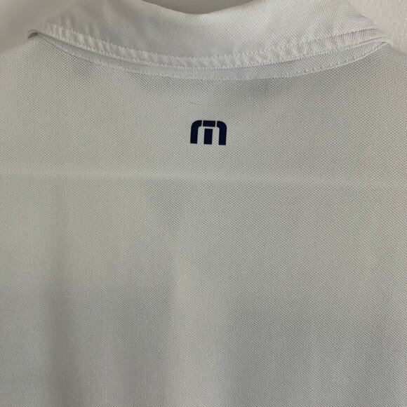 Travis Mathew White Polo Golf Shirt with Blue Front Stripe - Picture 9 of 9